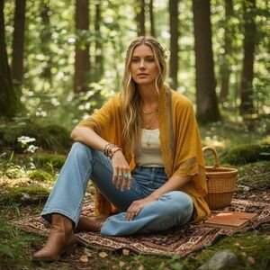 Three Birds Nest Mustard Yellow Lace Crochet Trim Kimono One Size RN 134313